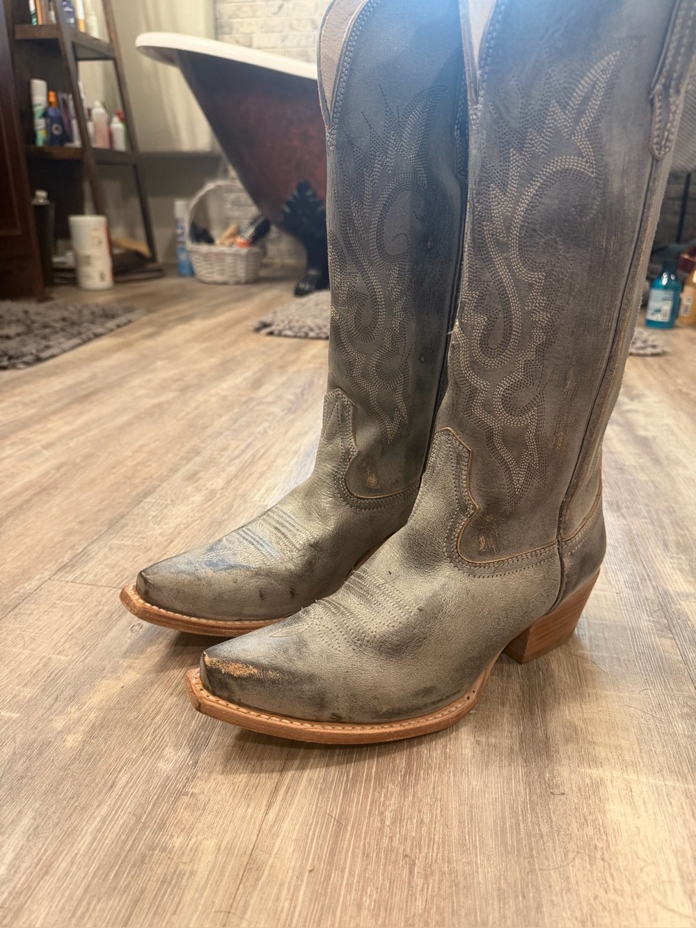 freebird Women's Gray Leather Western Ankle Boots with Tan Welt
